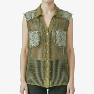 POL Button Down Crochet Patchwork Knit Vest Green Boho Openwork Small NWOT